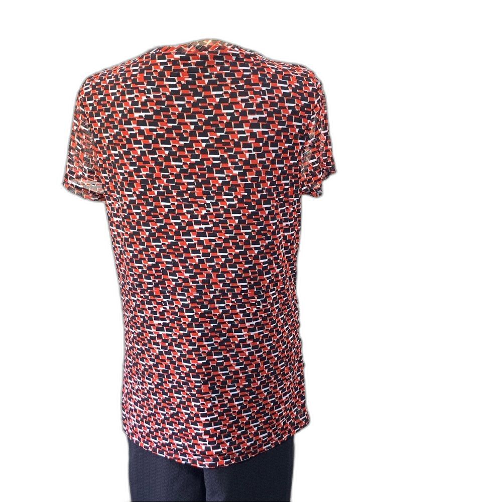 Modern Blouse Women Red Black White Geometric Mosaic V-Neck Short Sleeve L - Picture 3 of 4